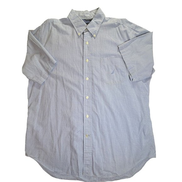 Nautica Men’s Button Up Blue White Checkered Short Sleeve Shirt -Size Large - Picture 1 of 6